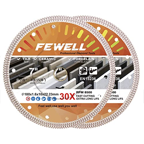 FEWELL 7 Inch Super Thin Diamond Tile Blade Porcelain Cutting Blade Set of 2 Pieces,Dry or Wet Cutting Porcelain Tile Ceramic