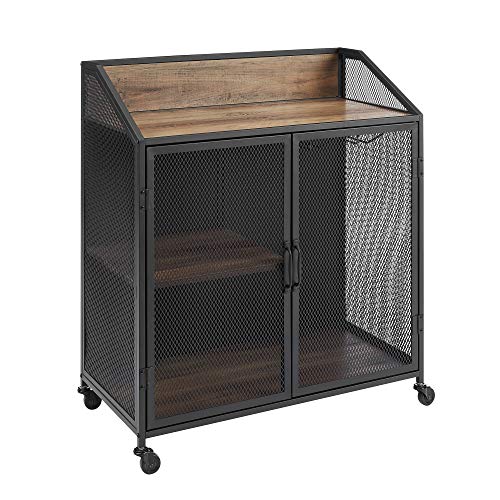 Walker Edison Malcomb Urban Industrial Metal Mesh Double Door Rolling Bar Cabinet, 33 Inch, Rustic Oak