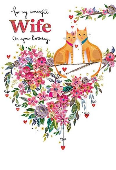 Paper Rose Wonderful Wife Birthday Card - Cute Cat Couple on Floral Tree Branch with Foil Finish - Eco-Friendly and Recyclable