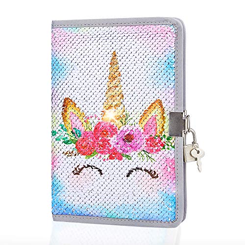 MHJY Unicorn Notebook Sequin Secret Diary with Lock,Reversible Mermaid Sequin Notebook Private Journal Magic Travel Journal Unicorn Notebook Gift for Adults and Kids