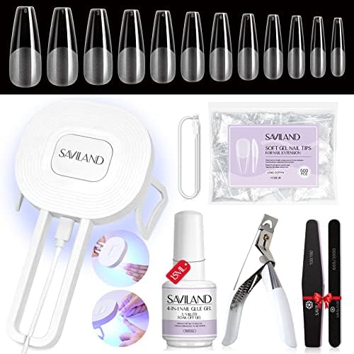 SAVILAND Gel X Nail Kit - Starter Gel Nail Kit With Upgraded Nail Lamp Nail Extension Set 500 Pcs Long Coffin Nail Tips and 0.5oz Super Strong Nail Glue Gel Acrylic Nail Kit Easy Nail Art Home Salon