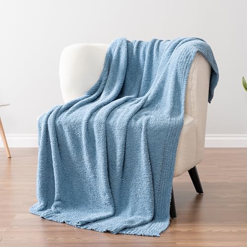 PAVILIA Super Soft Throw Blanket for Couch, Fluffy Cozy Lightweight Light Blue Blanket, Fuzzy Warm Knit Blanket for Bed Sofa, Slate Blue, 50x60