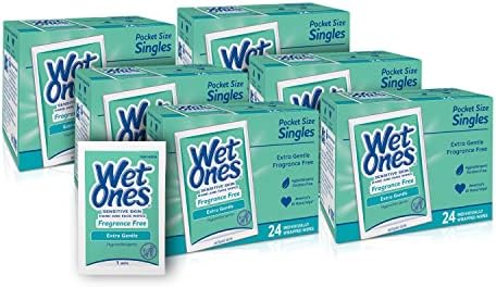 Wet Ones Hand and Face Wipes Singles, Unscented Wipes for Sensitive Skin | Individual Wipes, Hand Wipes Individually Wrapped | 24 ct. (6 pack)