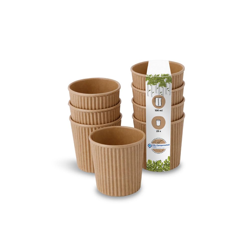 GREENBOXPack of 25 Ripple Cups To Go Paper Cups Made of Brown Kraft Cardboard Unbleached I Environmentally Friendly Coffee Drinking Cups Disposable Organic Unprinted 100 ml, 4 oz I 100%