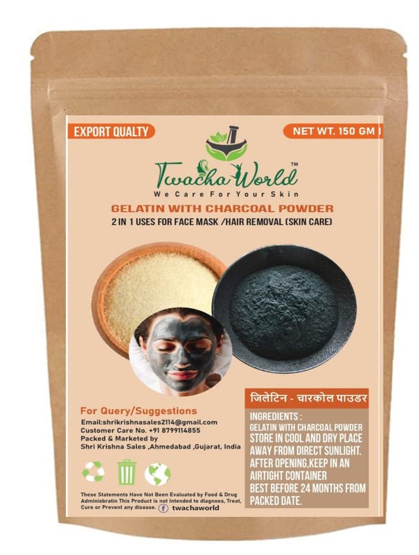 Twacha world Gelatin with Charcoal Powder (2 in 1 USE) for Face Mask/Hair Removal (Skin Care) (150 g)