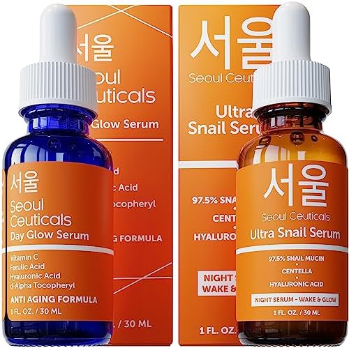 SeoulCeuticals Korean Skin Care Day & Night Serum Set - Potent Vitamin C Day Serum + Korean Snail Night Serum With Hyaluronic Acid + Centella + CE Ferulic for K Beauty Glow