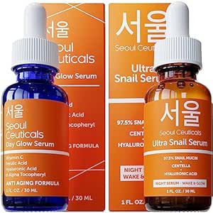 SeoulCeuticals Korean Skin Care Day &amp; Night Serum Set - Potent Vitamin C Day Serum + Korean Snail Night Serum With Hyaluronic Acid + Centella + CE Ferulic for K Beauty Glow