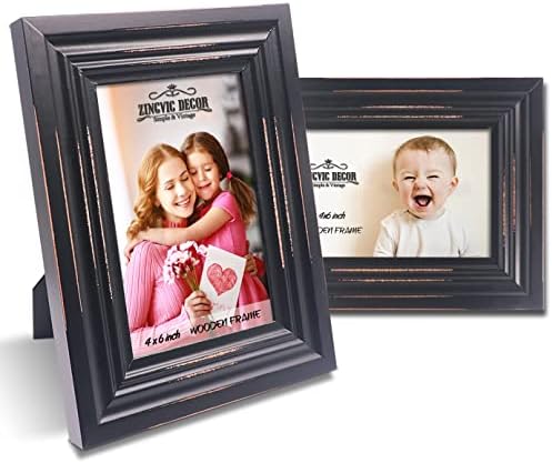 ZingVic 2Pcs 4x6 inch Black Wood Picture Frame | Display Photo 4x6 inch | Distressed Design | Wide Molding | Portrait and Landscape View | Stand on Desktop or Wall Hanging