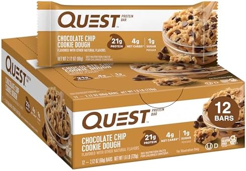 Quest Nutrition Chocolate Chip Dough Cookie Protein Bars, 21g Protein, 1g Sugar, 4g Net Carb, Gluten Free, Keto Friendy, 12 Count