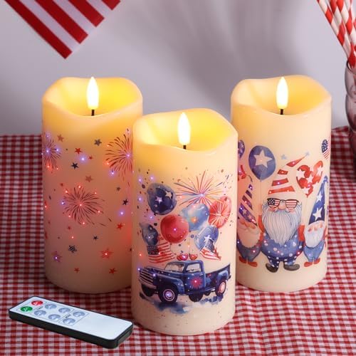 Eywamage Patriotic Fiber Optic Flameless Candles with Remote, Battery Operated LED Pillar Candles Set of 3