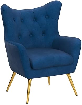 HULALA HOME Velvet Accent Chair, Modern Wingback Arm Chair with Metal Gold Legs, Velvet Tufted Upholstered Single Sofa Chair for Living Room Bedroom, Dining Room Accent Club Guest Chair (Navy)