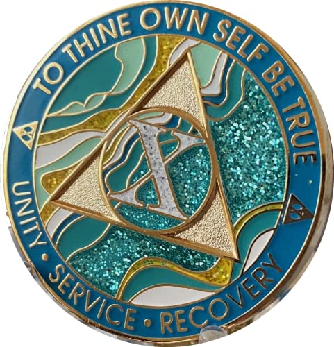 10 Year AA Medallion Elegant Marble Caribbean Aqua Glitter Blue Gold Plated Chip