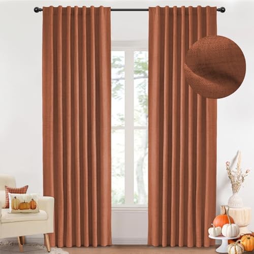 INOVADAY 100% Blackout Curtains 84 Inches Length 2 Panels Set, Back Tab/Rod Pocket Linen Black Out Curtains for Bedroom, Thermal Insulated Window Drapes - Burnt Orange, W50 X L84