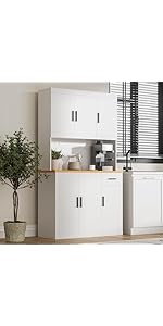 DIYART White Kitchen Pantry Cabinet, 71&#34; Tall Kitchen Storage Cabinet with Power Outlet, Freestan...