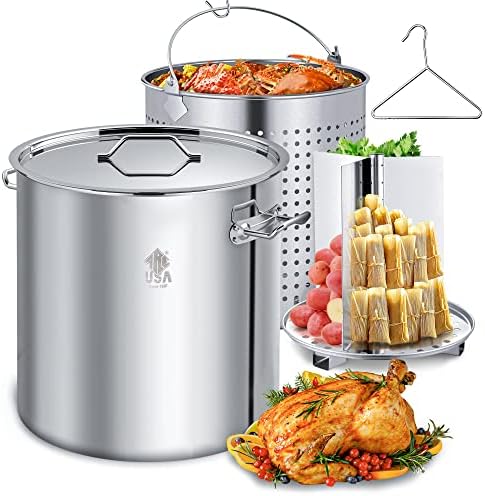 ARC 64-QT Large Stainless Steel Stockpot for Seafood Boiler Crawfish Pot with Basket and Steamer Rack, Outdoor Cooking Pot for Crab Lobster Shrimp Trukey Fryer Boiling, and Tamales Steamer,16 Gal