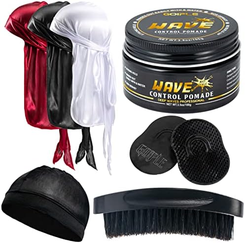 "Goiple Hair Care Kit for Men's 360 Wave - Pomades for Strong Hold, Easy Wash, Moisture Control, Silky Shine & Training, Curved Brush, Durag Cap Set, Du-rag, "