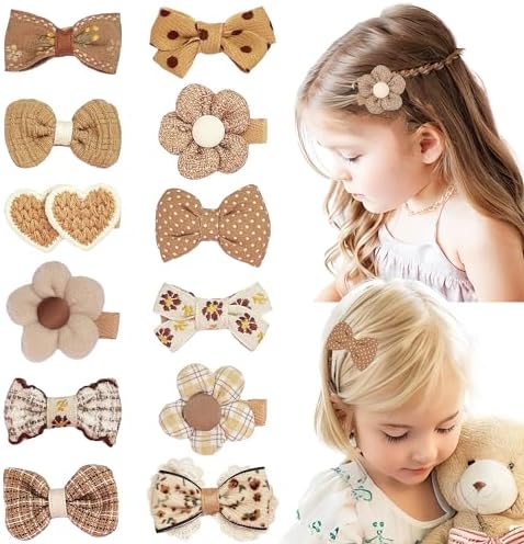 EleMirsa 12pcs Girl's Hair Clips Brown Bow Fabric Snap Hair Clips Brown Flower Hair clips Bow Hair Accessories for Little Girl Teens Toddler Kids