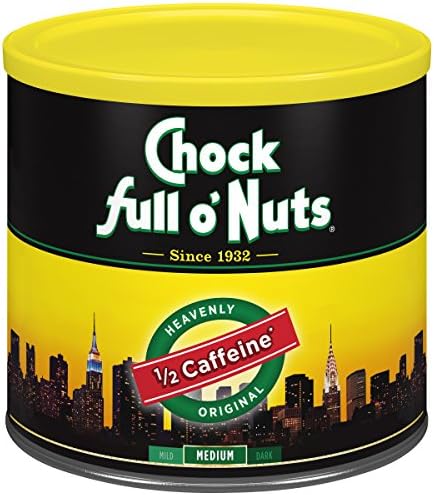 Chock full o’Nuts Half Caffeine Original Roast, Medium Roast Half Caffeine Ground Coffee – Gourmet Coffee Beans – Smooth, Full-Bodied and Rich, About Half The Caffeine As Our Original (24 Oz. Can)