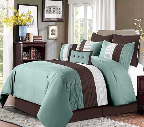 Chezmoi Collection Loft 8-Piece Luxury Striped Comforter Set (Queen, Blue/Beige/Chocolate Brown)