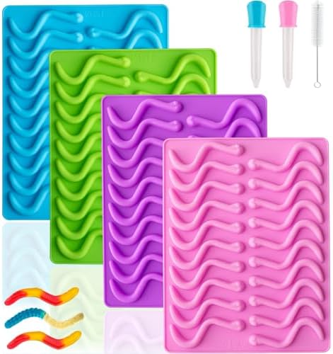 Gummy Worm Molds Silicone, Candy Gummy Molds for Kids, Non-stick Silicone Large Fruit Snack Molds BPA Free with 2 Droppers & 1 Cleaning Brush, Set of 4