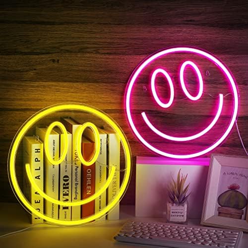 Honoson 2 Pcs Smile Face Neon Lights 13 Inch Large Neon Signs USB Powered LED Sign Cute Game Room Lights for Thanksgiving Day Christmas Bachelorette Wedding Party Birthday Party Yellow, Pink(Smile)