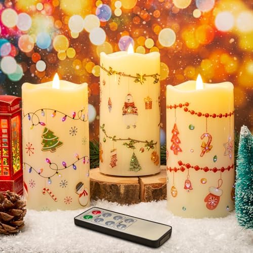 Eywamage Fiber Optic Christmas Flameless Pillar Candles with Remote, Flickering Battery Operated Colorful LED Candles Set of 3