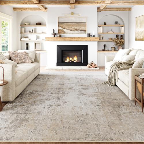 WondRg 8x10 Washable Area Rug Beige Grey Neutral Abstract Living Room Bedroom Large Throw Rug Non Slip Soft Low Pile Indoor Floor Carpet for Dining Room Kitchen Office Entryway