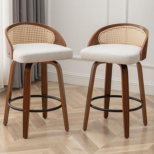 YOUUGIOR 25" Swivel Rattan Bar Stools Set of 2,Mid-Century Modern Beige Linen Fabric Upholstered Counter Height Stools,Kitchen Island Barstools with Rattan Low Backrest,Walnut Wood Finish Bar Chair