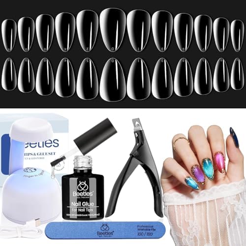 Beetles Gel Nail Kit Short Almond, 240Pcs Easy Nail Extension Set Shaped Clear Tips with 5 in 1 Nail Glue Base & Top Coat and Mini UV Lamp, Nail Tips Art Acrylic Nail Kit Valentine's Gifts for Women