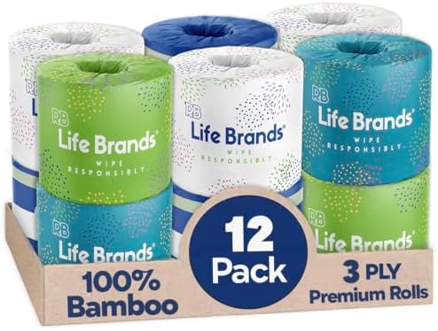 RB Life Brands 100% 3-Ply Bamboo Toilet Paper, 12 Rolls, FSC Certified, BPA Free, Chemical Free, Organic and Vegan 300 sheets | Biodegradable, RV Safe & Septic Safe | Tree-Free, Unscented