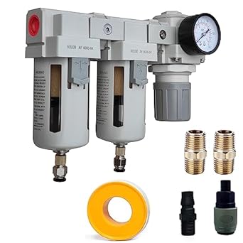 Wosudim 1/2&#34;NPT Air Pressure Regulator - Air Regulator Compressor Filter, 5 Micron Particulate Filter, Semi-Auto Drain, Metal Bracket, Poly Cup, 0-150 psi Gauge, Plug Kit