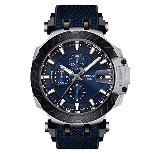 Tissot Men's T-Race 316L Stainless Steel case with Black PVD Coating Swiss Automatic Chronograph Watch with Rubber Strap, Blue, 22 (Model: T1154272704100)