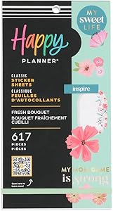 Happy Planner Sticker Pack for Calendars, Journals, and Diary Planners, Multicoloured Scrapbook Accessories, Fresh Bouquet Theme, Classic Size, 30 Sheets, 617 Total Stickers