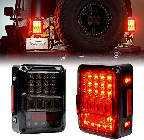 Xprite Tail Lights High Intensity 4D Smoke Lens LED Taillights w/Parking Light, Brake Turn Signal Lamp and Reverse Lamps Function Replacement Compatible with 2007-2018 Wrangler JK JKU