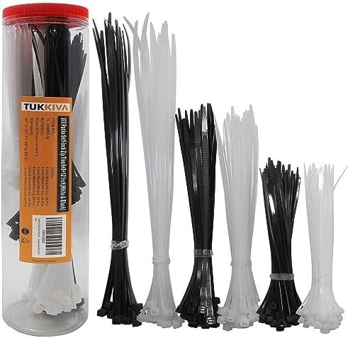 TUKKIVA 200 Pack White & Black Zip Ties Assorted Sizes 6+8+12 Inch Heavy Duty Cable Ties - Variety Pack Wire Ties