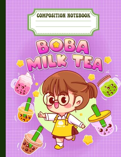 Kawaii Boba Milk Tea Composition Notebook: Boba Tea Journal Diary | Kawaii Bubble Tea Composition book for Kids Girls & teens | Cute Kawaii cat College Ruled