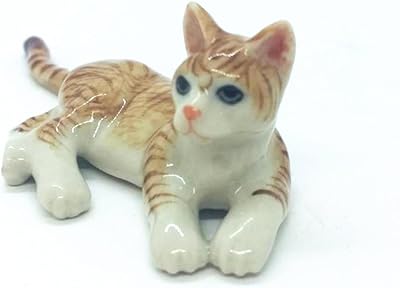 WitnyStore Tiny 3" Long Brown White Tabby Shorthair Cat Lying On Side Figurine - Miniature Hand Made Painted Ceramic Cats Kitten Feline Animal Cute Porcelain Decorative Collectible Figures Décor Gifts