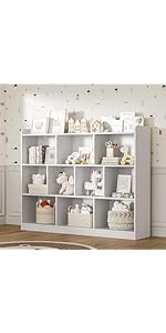 DIYART White Bookshelf, Wood Bookcase with 3 Tier Open Shelves, 10-Cube Minimalist Storage Shelf ...