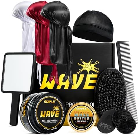 Wave Pomade for Men Strong Hold Easy Wash Hair Cream Grease, Promotes Layered Waves, Moisture, Shine, Brush and Durag Cap Set