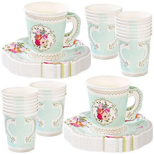 Talking Tables TS6-CUPSET Disposable Truly Scrumptious Party Vintage Floral Tea Cups and Saucer Sets, Mint Green