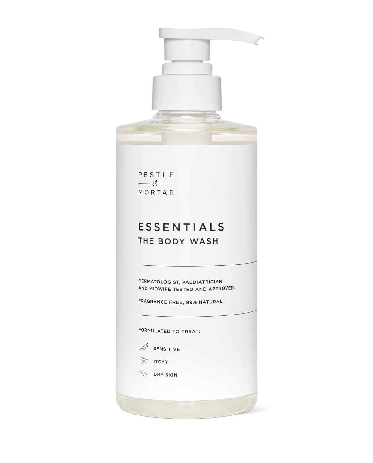 Pestle & Mortar Essentials Body Shower Gel 500ml, with Vitamin E, For Dry, Itchy, Sensitive and Eczema-prone Skin, Dermatologically tested, midwife approved