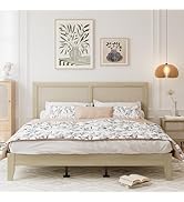 GDFStudio Platform Bed with Rattan Headboard,King Size Solid Wood Bed Frame, Modern Coastal Bohem...