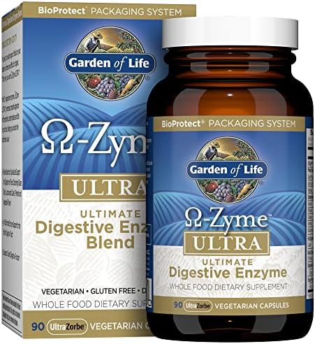 Garden of Life 21 Powerful Digestive Enzymes with Papain, Bromelain, Lipase, Ginger, Turmeric for Complete Digestion of Protein, Carbs & Fats – Omega-Zyme Ultra, Gluten-Free, Vegetarian, 90 Capsules