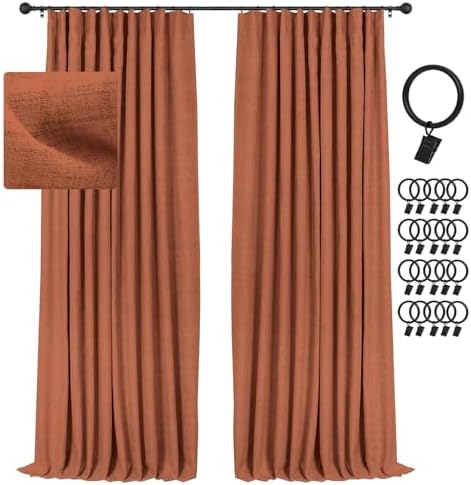 INOVADAY 100% Blackout Curtains for Bedroom, Black Out Curtains Clip Rings/Rod Pocket Linen Blackout Drapes 2 Panels Set, Thermal Insulated Drapes for Living Room, Orange, W50 x L84