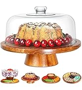 Acacia Wood Cake Stand with Clear Acrylic Dome Cover - 6-in-1 Multifunctional Cake Holder, Servin...