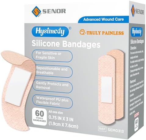 Hysimedy Silicone Bandages Small Size for Sensitive Fragile Skin - 3/4" x 3" 60 Counts - Latex Free Non Allergenic Hypoallergenic Painless Removal Flexible Fabric Bandages