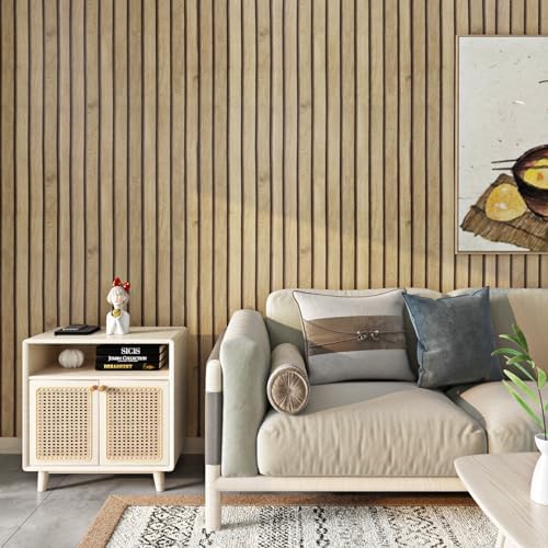 FunStick 60cmx5m Wood Slat Peel and Stick Wallpaper Removable Wood Contact Paper Peel and Stick Wood Slats Wall Paper Decor Self Adhesive Vinyl Beadboard Wallpaper for Bathroom Kitchen Cabinets Table