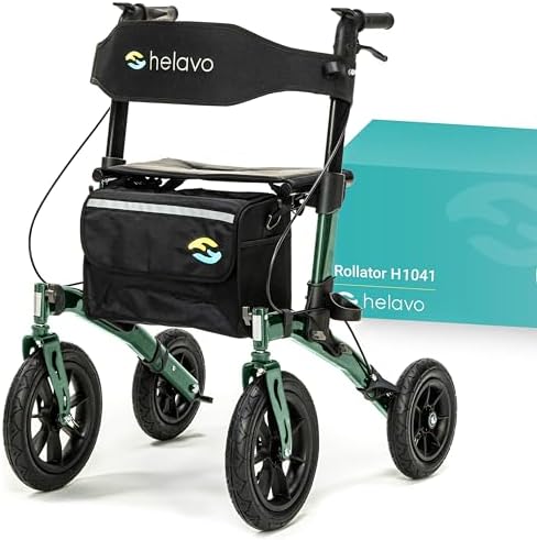 Helavo All Terrain Walker with Pneumatic Tires 12“ Front Large Wheels - Foldable Outdoor Walker for Seniors with Seat, Best Comfort on All Surfaces