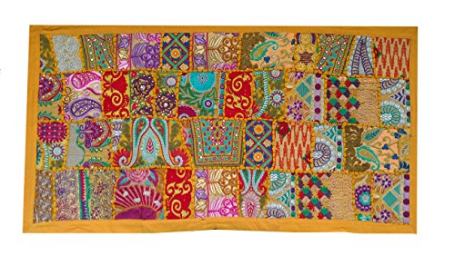 Rastogi Handicrafts Indian Handmade Embroidered Patchwork Old Hanging Wall Art Vintage Tapestry Old Sari Cutting Wall Hanging Parda (Yellow, 20 X 40 INCH)