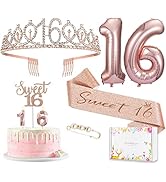 Sweet 16th Birthday Decorations Gift, Including Happy Birthday Cake Topper, Queen Sash with Pearl...